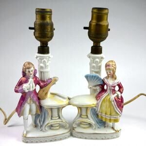Antique German Porcelain Victorian Colonial Romantic Figural Lamp Set Marked